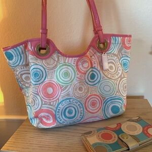 Coach Multicolor Circular Print Tote with Pink Patent Trim